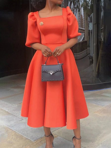 

Fit Plain Square Neck Midi Dress, Orange, Midi Dresses