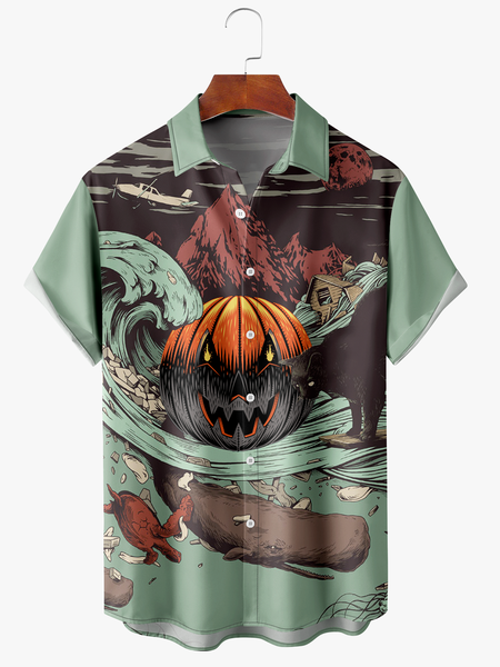 

Men's Halloween Pumpkin Print Anti-Wrinkle Moisture Wicking Fabric Fashion Hawaiian Lapel Short Sleeve Shirt, Green, Short Sleeve Shirts