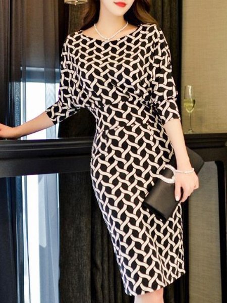 

Crew Neck Printed Elegant Midi Dress, Black, Midi Dresses