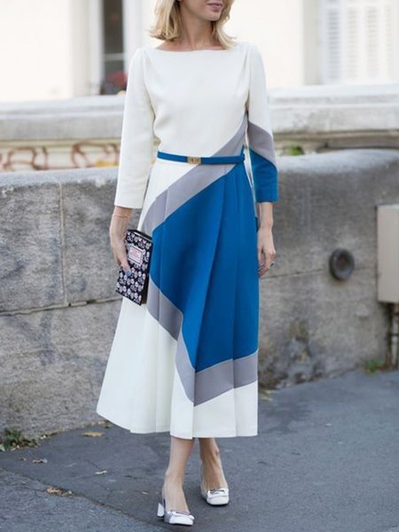 

Women Color Block Autumn Elegant Polyester Micro-Elasticity Commuting Midi Long sleeve Regular Dresses, Blue, Midi Dresses
