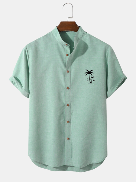 

Printed cotton and linen style coconut comfortable linen Shirt with short sleeves, As picture, Short Sleeve Shirts