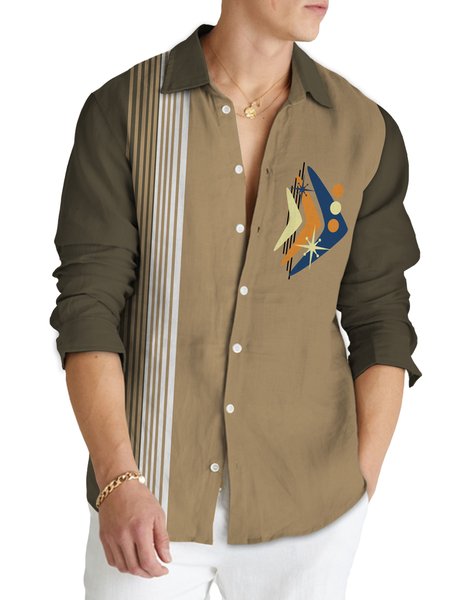 

Cotton Linen Hawaiian Long Sleeve Billiard Shirt, As picture, Long Sleeve Shirts