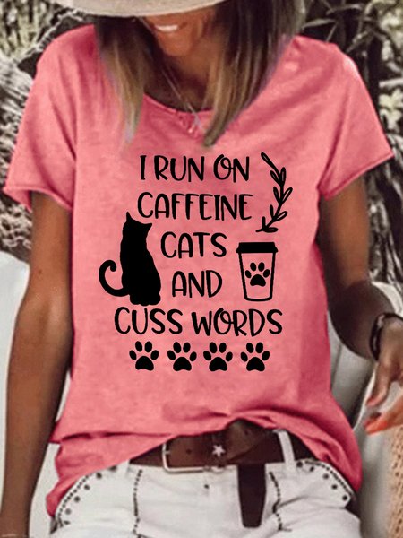 

Womens Cat Coffee Funny Letters T-Shirt, Red, T-shirts