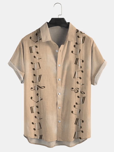 

Cotton and linen style geometric stripe printed music comfortable linen shirts with short sleeves, As picture, Short Sleeve Shirts