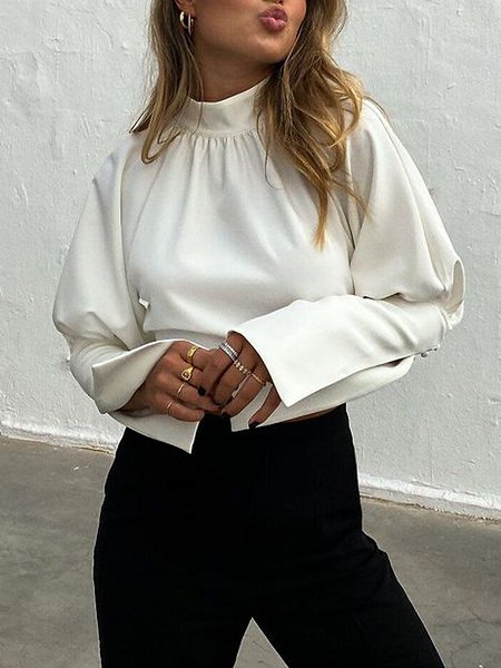 

Plain Autumn Urban Stand Collar No Elasticity Daily Loose Regular Regular Size Tops for Women, White, Blouses and Shirts