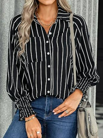 

Women's Blouse Striped Daily Weekend Blouse Shirt Long Sleeve Pocket Button Shirt Collar Casual Streetwear, Black, Shirts & Blouses