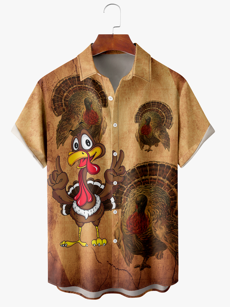 

Men's Thanksgiving Turkey Print Wrinkle Resistant Moisture Wicking Fabric Fashion Hawaiian Lapel Short Sleeve Shirt, Khaki, Short Sleeve Shirts