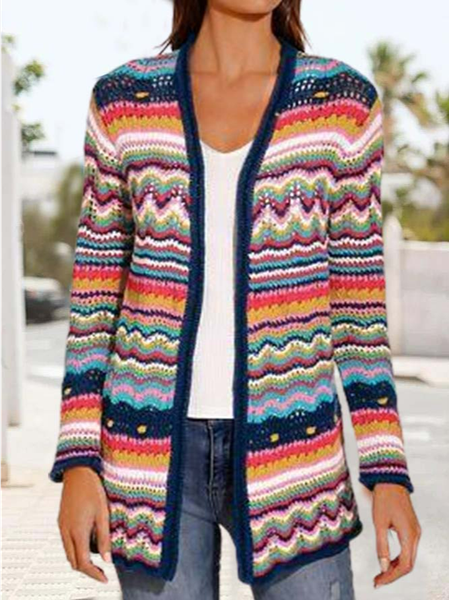 

Striped Wool/Knitting Others Sweater Coat, Multicolor, Sweaters
