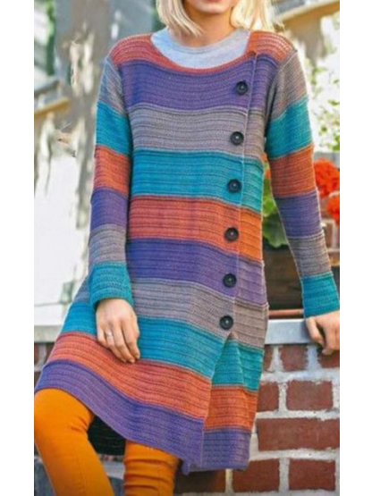 

Casual Color Block Autumn Natural Loose Crew Neck Wool/Knitting A-Line Regular Sweater coat for Women, Multicolor, Outerwear