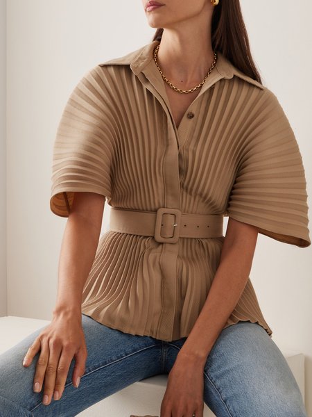 

Loosen Simple Shirt Collar Plain Blouse, Light brown, Blouses and Shirts