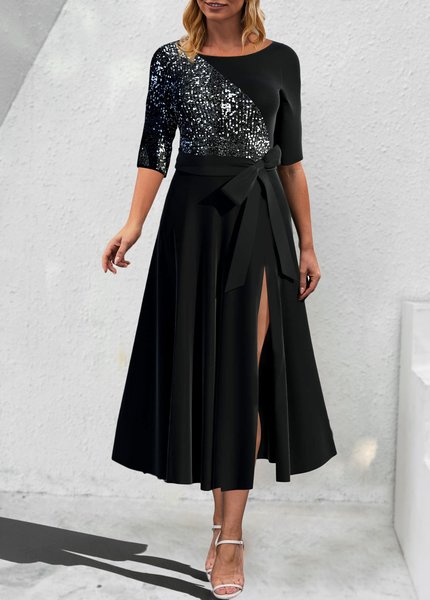 

Party Crew Neck Glitter Regular Fit Dresses With Belt, Black, Dresses