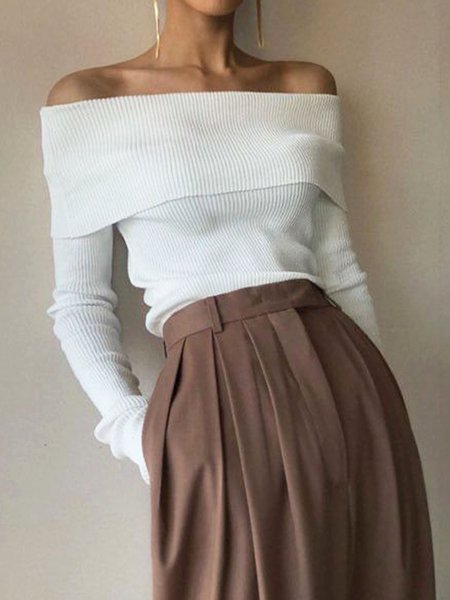 Women Plain Autumn Urban Long sleeve Regular Boat Neck S-Line Regular Regular Size Sweater, White, Sweaters