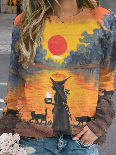 

Halloween witch black cat cats Autumn Fall seasonal Raglan Sleeve Casual Cotton Sweatshirts, Orange, Hoodies&Sweatshirts