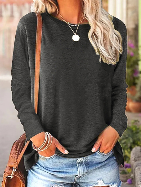 

Women's Long Sleeve Blouse Spring/Fall Plain Cotton-Blend Crew Neck Daily Going Out Simple Top Black, Deep gray, Shirts & Blouses