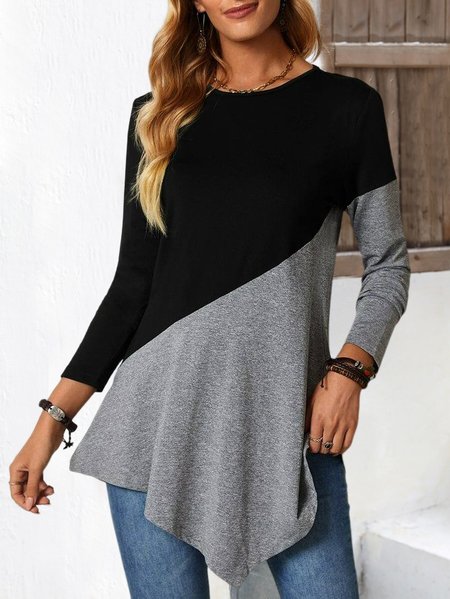 

Casual Contrast Panel Crew Neck Knit Long Sleeve T-Shirt, Black, Tops