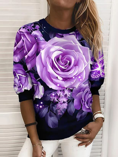 Casual Floral Crew Neck Sweatshirt, Purple, Sweatshirts & Hoodies