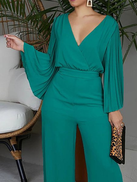 

Elegant Pleated V Neck Plain Top, Green, Blouses and Shirts