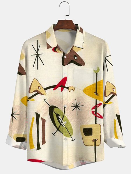 

Mens Mid Century Geo Print Front Buttons Soft Breathable Chest Pocket Casual Hawaiian Shirts, Khaki, Long Sleeve Shirts