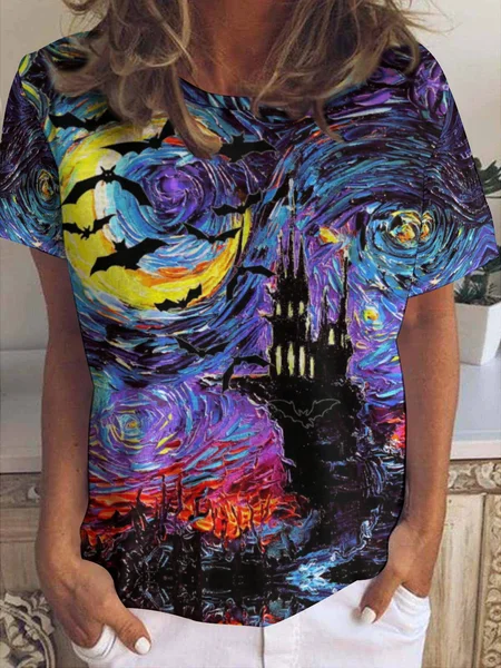 Women Abstract Halloween Oil Painting Print Short Sleeve T-Shirt, Blue, T-shirts