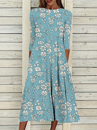 

Cotton-Blend Crew Neck Floral Dresses, Blue, Midi Dresses