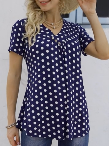 

V Neck Casual Polka Dots T-Shirt, Blue, T-Shirts