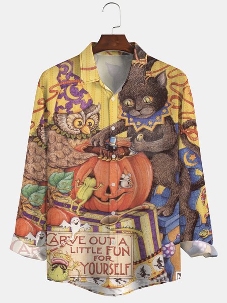 

Men's Halloween Print Anti-Wrinkle Moisture Wicking Fabric Fashion Hawaiian Lapel Long Sleeve Shirts, Yellow, Long Sleeve Shirts