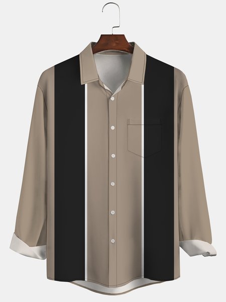 

Men's Geometric Stripe Printed Wrinkle Resistant Moisture Wicking Fabric Fashion Hawaiian Lapel Long Sleeve Shirts, Khaki, Long Sleeve Shirts
