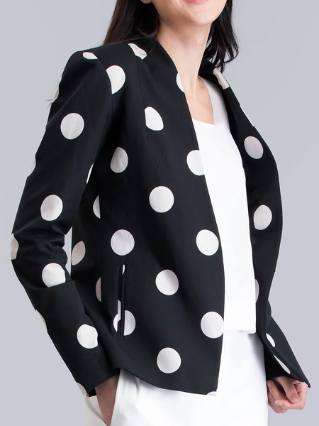 

Loose V Neck Long sleeve H-Line Polka Dots Blazer, Black, Blazers