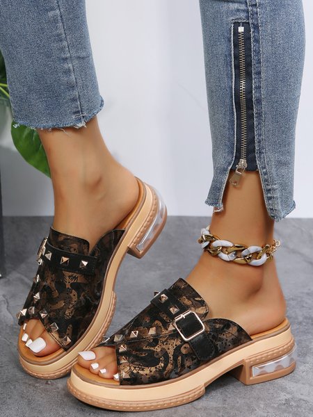 

Urban Studded Snake Print Chunky Heel Slippers, Brown, Sandals & Slippers