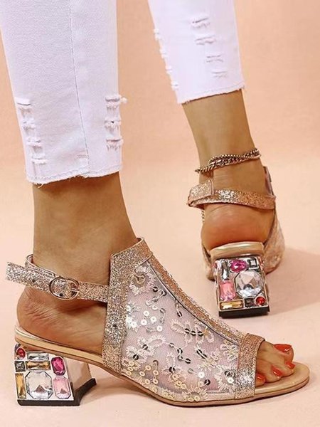 

Mesh Sequined Fish Mouth Chunky Heel Sandals, Golden, Sandals