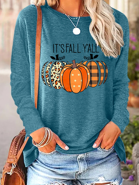 

Women's It's Fall Y'all Halloween Leopard Pumpkin Crew Neck Halloween Long Sleeve T-shirt, Green, Long sleeves