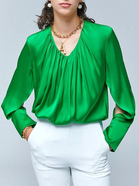 

Women Plain Autumn Elegant Satin V neck Natural Long sleeve Regular H-Line Blouse, Green, Blouses and Shirts