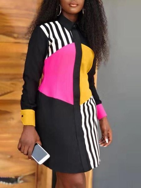 

Women Color Block Autumn Urban Polyester Natural No Elasticity Skirt Shirt Dress Shirt Collar Dresses, Black, Mini Dresses