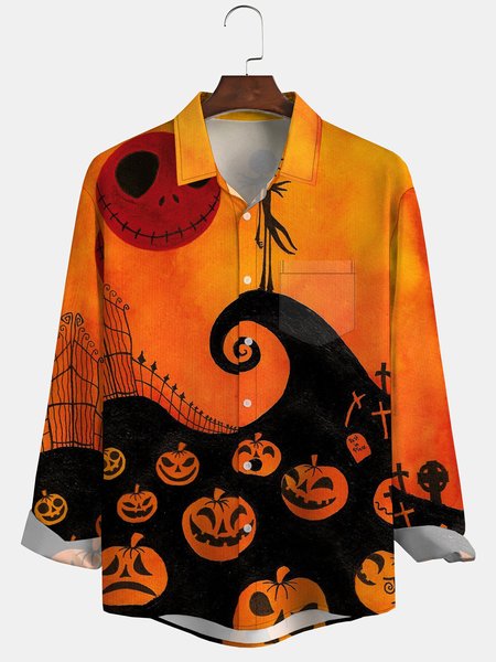 

Men's Halloween Print Anti-Wrinkle Moisture Wicking Fabric Fashion Hawaiian Lapel Long Sleeve Shirt, Orange, Long Sleeve Shirts