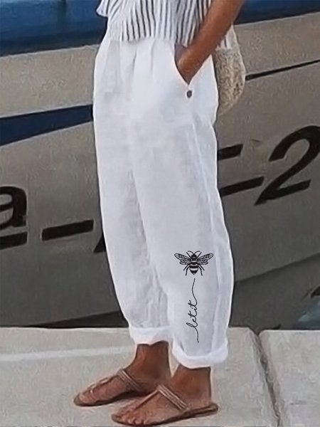 

Casual Animal Loose Casual Pants, White, Pants