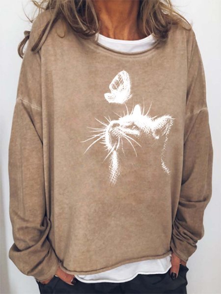 

Women Butterfly Playing Funny Cat Casual Sweatshirts, Khaki, Hoodies&Sweatshirts