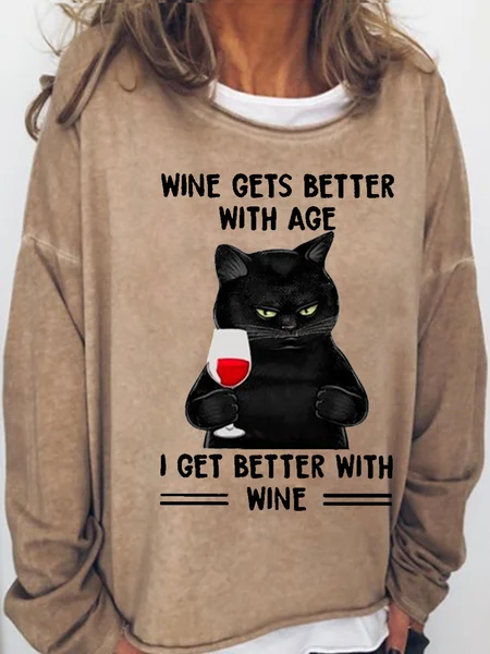 

Womens Black Cat Wine Gets Better With Age I Get Better With Wine Casual Sweatshirt, Light brown, Hoodies&Sweatshirts