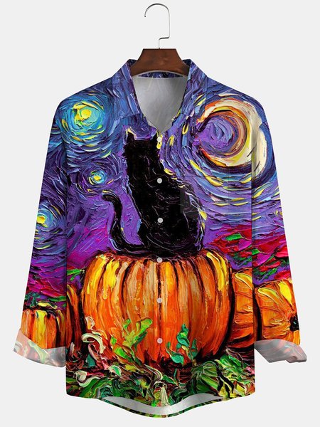 

Men's Halloween Print Anti-Wrinkle Moisture Wicking Fabric Fashion Hawaiian Lapel Long Sleeve Shirt, Yellow, Long Sleeve Shirts