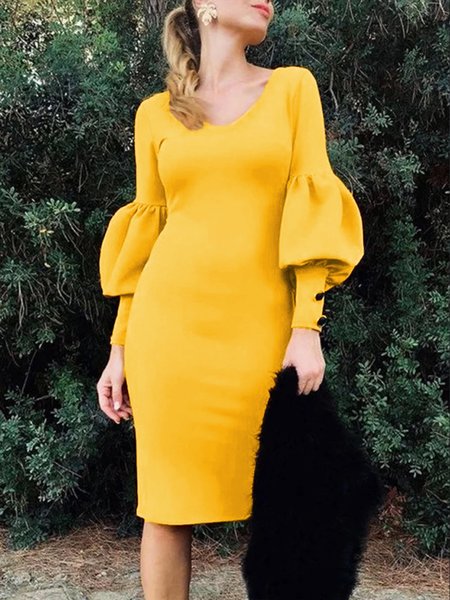 

Elegant V neck Lantern Sleeve Plain Dress, Yellow, Midi Dresses