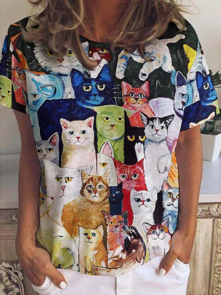 Funny Women Cat Crew Neck Cat Loose T-Shirt, As picture, T-shirts