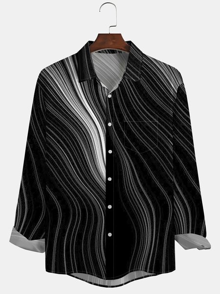 

Mens Lines Print Front Buttons Soft Breathable Chest Pocket Casual Hawaiian Shirt, Black, Long Sleeve Shirts