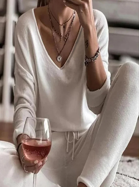 

Casual Cotton-Blend Plain Two-Piece Set, White, Suit Set
