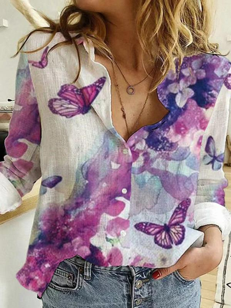 

Butterfly Casual Fashion Vintage Print Long Sleeve Lapel Shirt, Purple, Shirts & Blouses