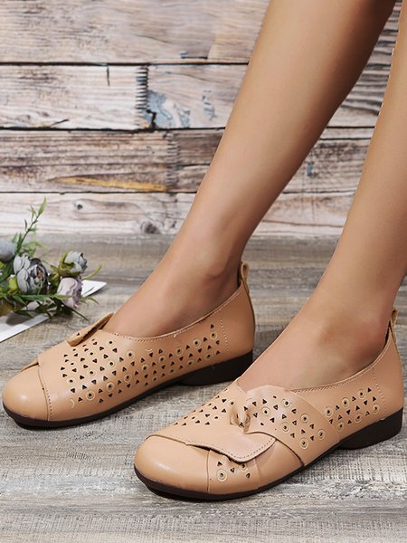 

Soft Sole Comfortable Breathable Hollow Flat Shoes, Khaki, Flats
