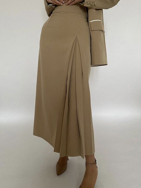 

Plain Autumn Urban Polyester No Elasticity Long Commuting H-Line Regular Size Skirt for Women, Khaki, Skirts