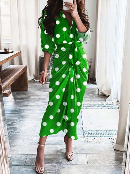 

Women Polka Dots Autumn Urban High Waist Micro-Elasticity Commuting Long sleeve Shirt Collar Regular Size Dresses, Green, Midi Dresses