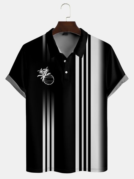 

Resort Style Hawaiian Series Gradient Stripe Geometric Plant Coconut Tree Element Pattern Lapels Short-Sleeved Polo Print Top, Black, Men's t-shirts