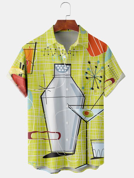 

Casual Art Collection Mid-Century Retro Stripes Geometric Color Block Pattern Lapel Short Sleeve Shirt Print Top, Light_green, Shirts ＆ Blouse