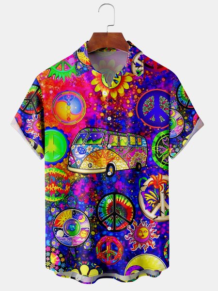 

Mens Hippies Peace&Love Print Front Buttons Soft Breathable Chest Pocket Casual Hawaiian Shirt, Blue, Short Sleeve Shirts