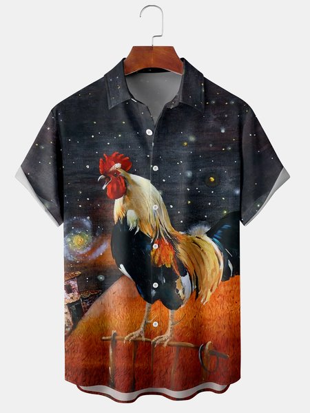 

Men's Art Rooster Print Casual Breathable Hawaiian Short Sleeve Shirt, As picture, Short Sleeve Shirts
